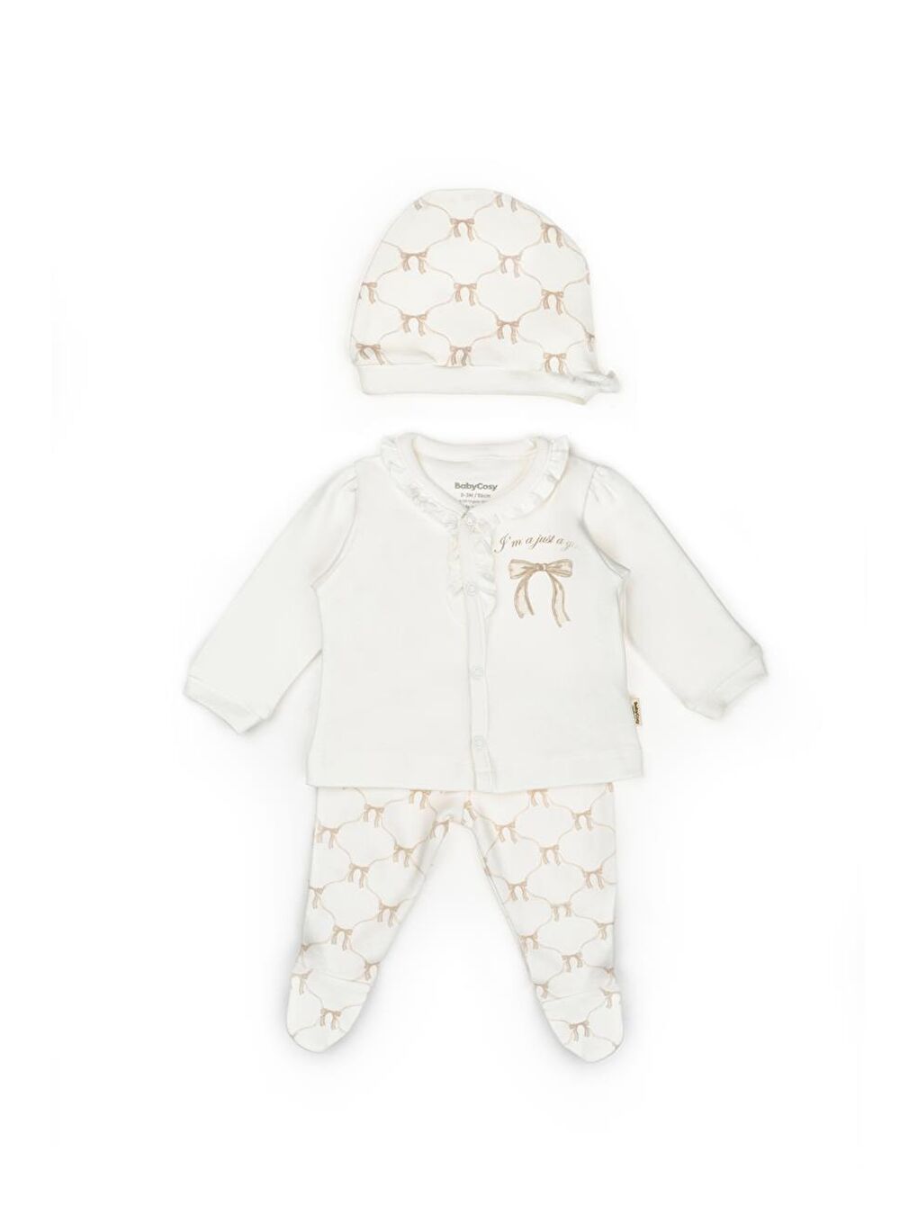 Ekru Bebek 3’lü Takım (Pantolon, Uzun Kol T-shirt, Şapka), Bebek ve Yenidoğan Serisi - CSY8144
