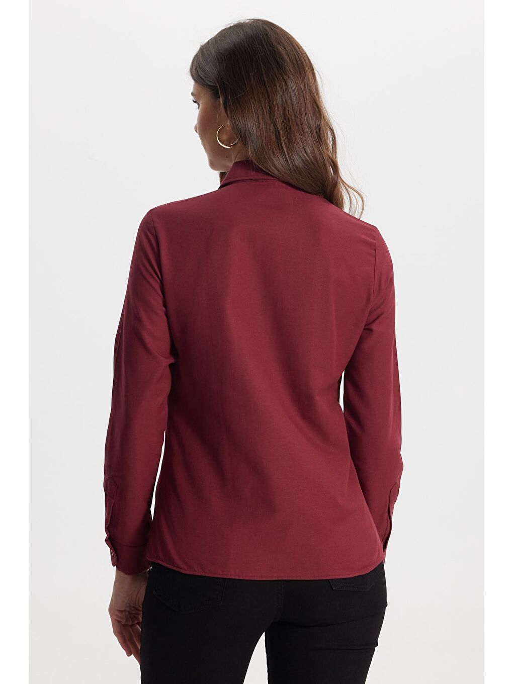Kadın Slim Fit Dar Kesim Uzun Kollu Pamuklu Vücuda Oturan Dokulu Bordo Basic Gömlek-6