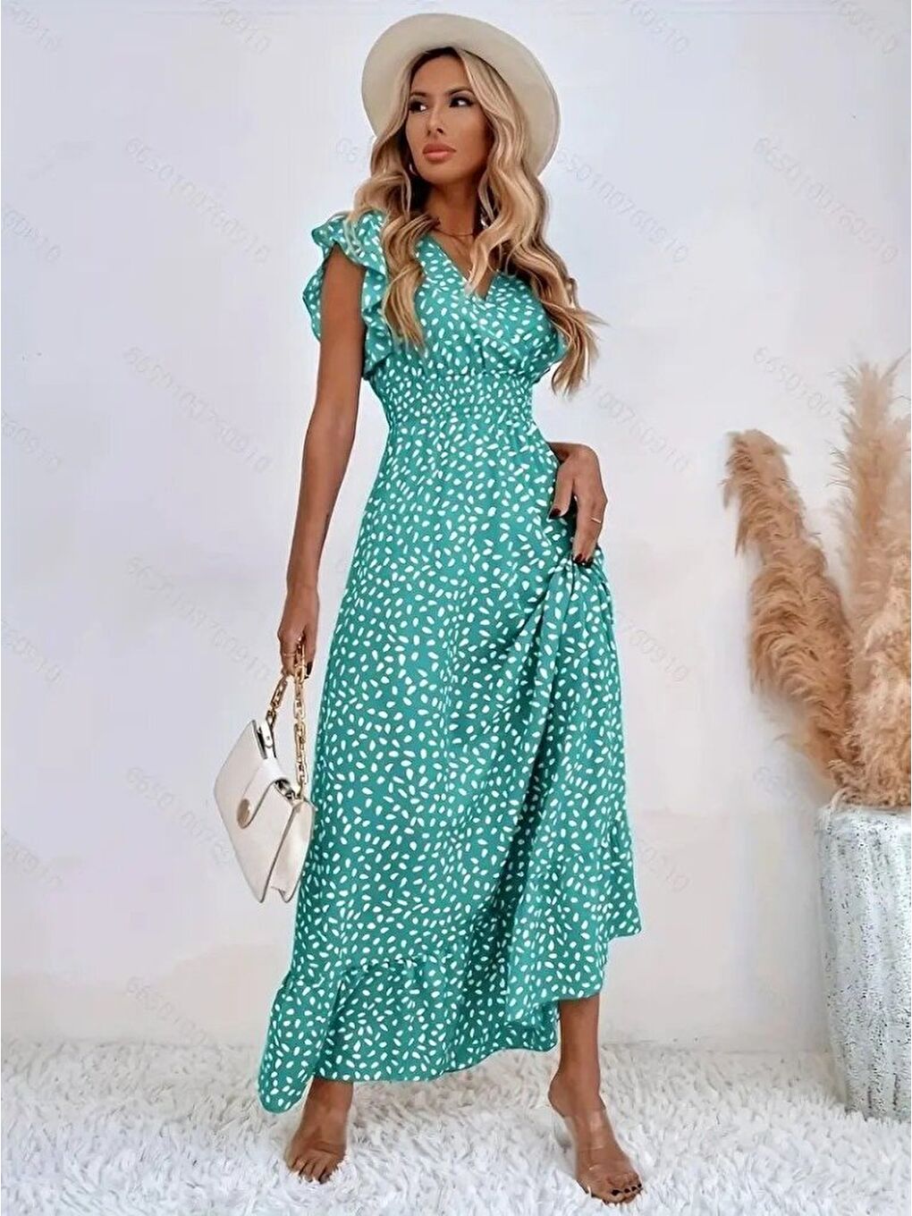 Yeşil Kadın Kısa Kollu Kruvaze Yaka Beli Lastikli çiçek Desenli Elbise-1