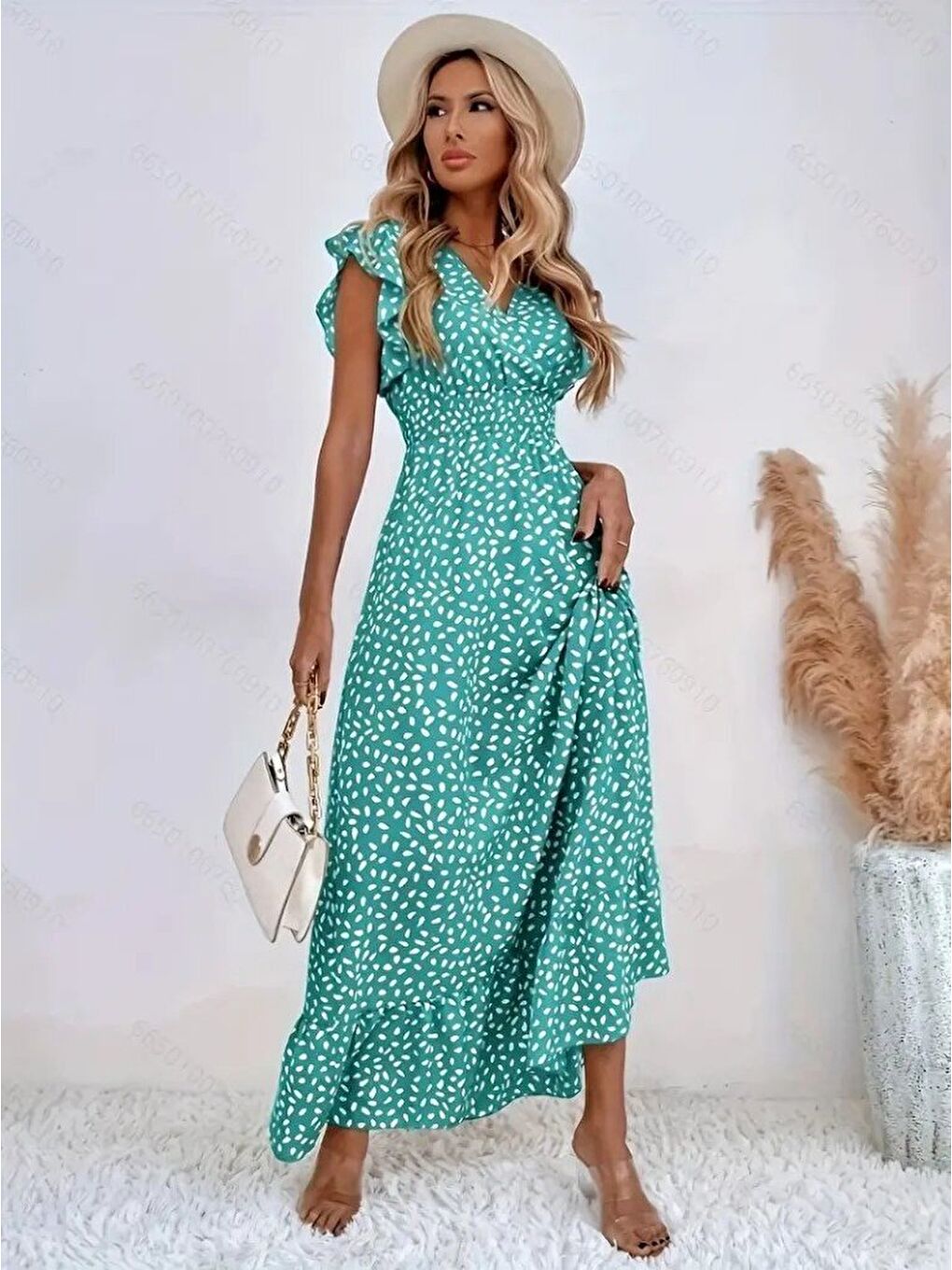 Yeşil Kadın Kısa Kollu Kruvaze Yaka Beli Lastikli çiçek Desenli Elbise-4