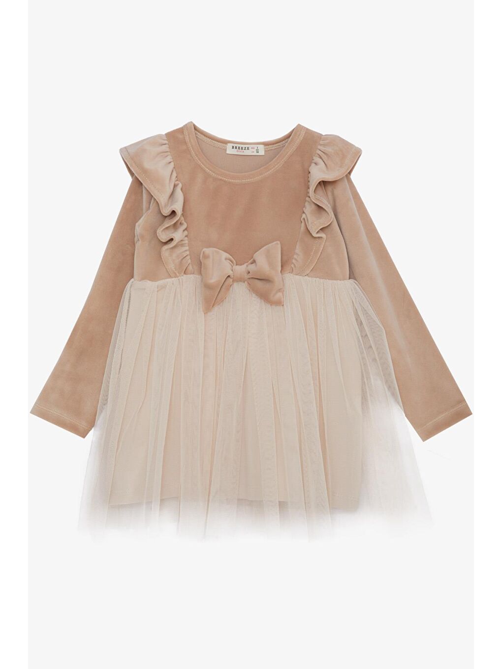 Kız Çocuk Elbise Kadife Fiyonklu Tüllü Bej (3 Yaş)