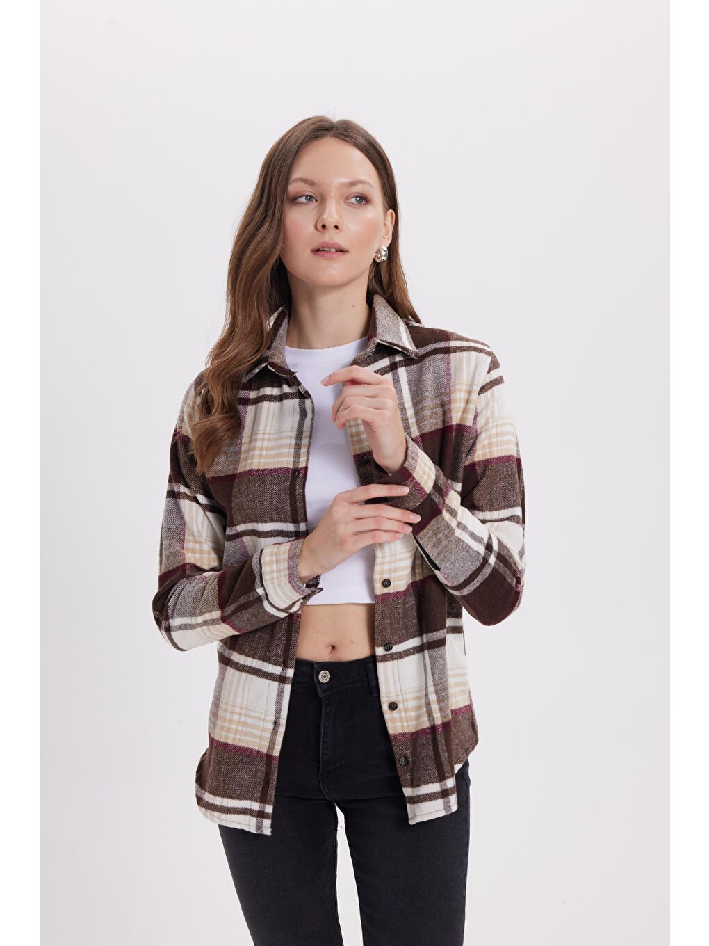 Karışık Kadın Oversize Geniş Kalıp Oduncu Ekose Gömlek-3