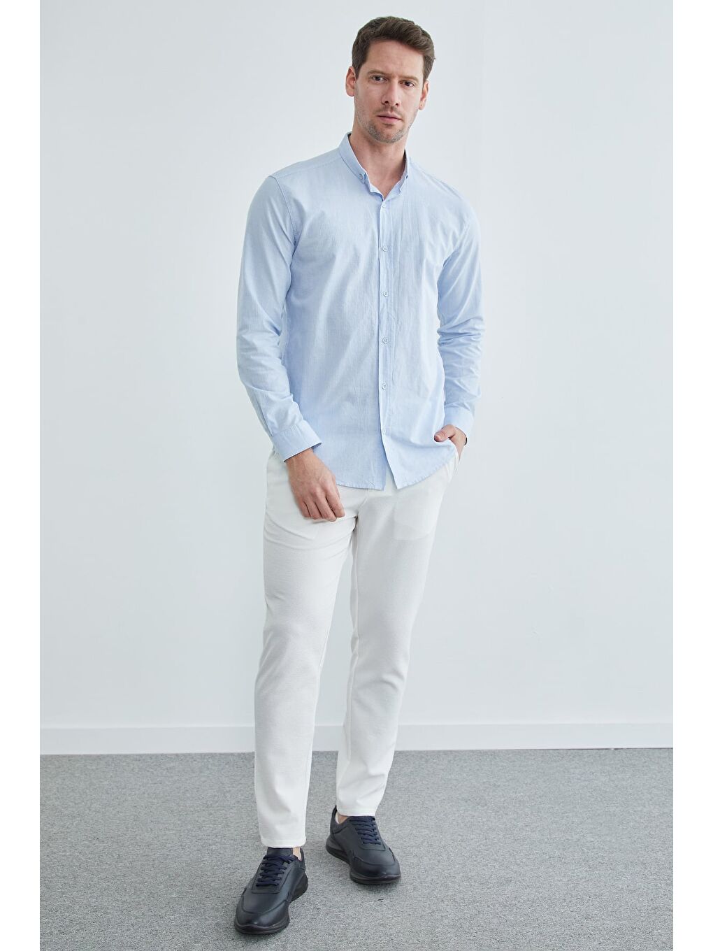 Mavi %100 Pamuk Çizgili Düğmeli Erkek Gömlek-2