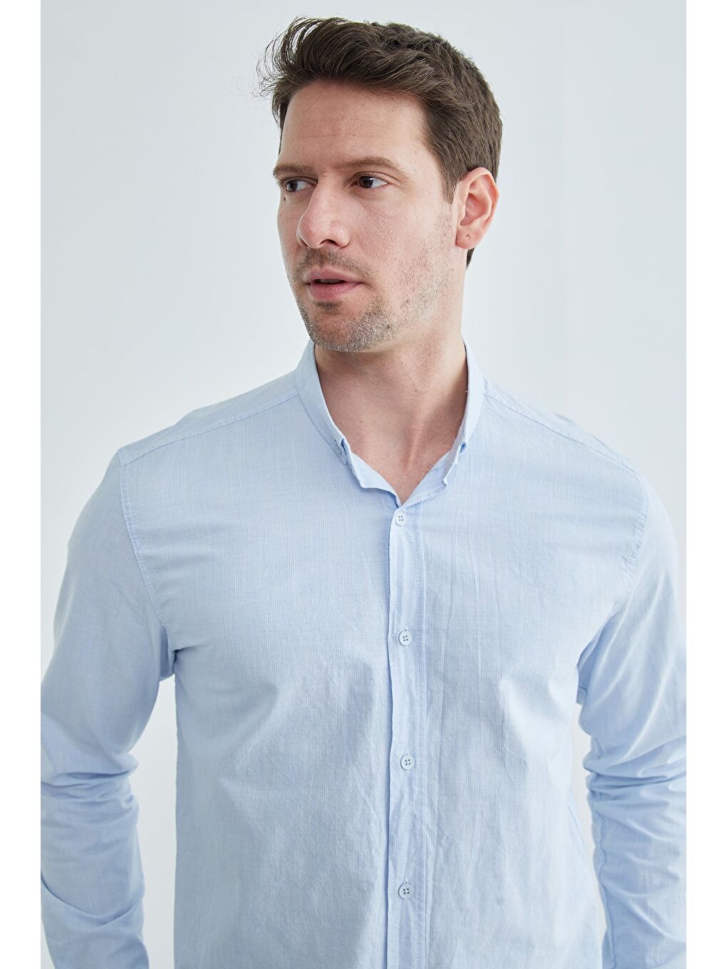 Mavi %100 Pamuk Çizgili Düğmeli Erkek Gömlek-3