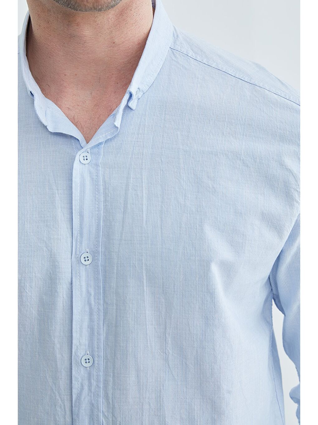 Mavi %100 Pamuk Çizgili Düğmeli Erkek Gömlek-4