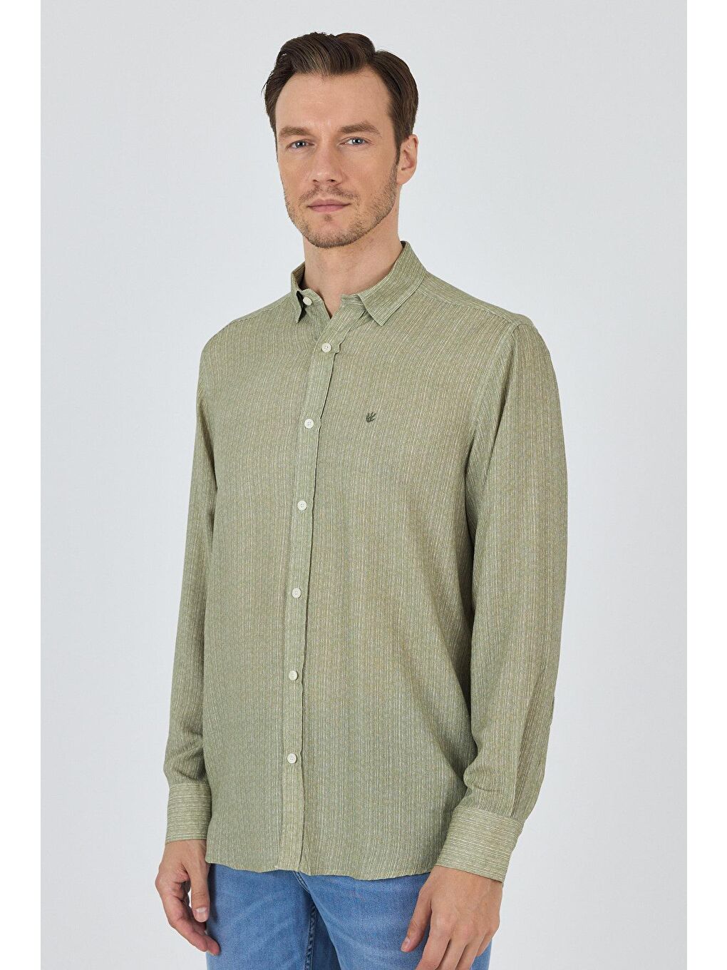 Koyu Haki Uzun Kol Baskılı Cepsiz Keten Casual Comfort Fit Büyük Beden Gömlek 1004250112