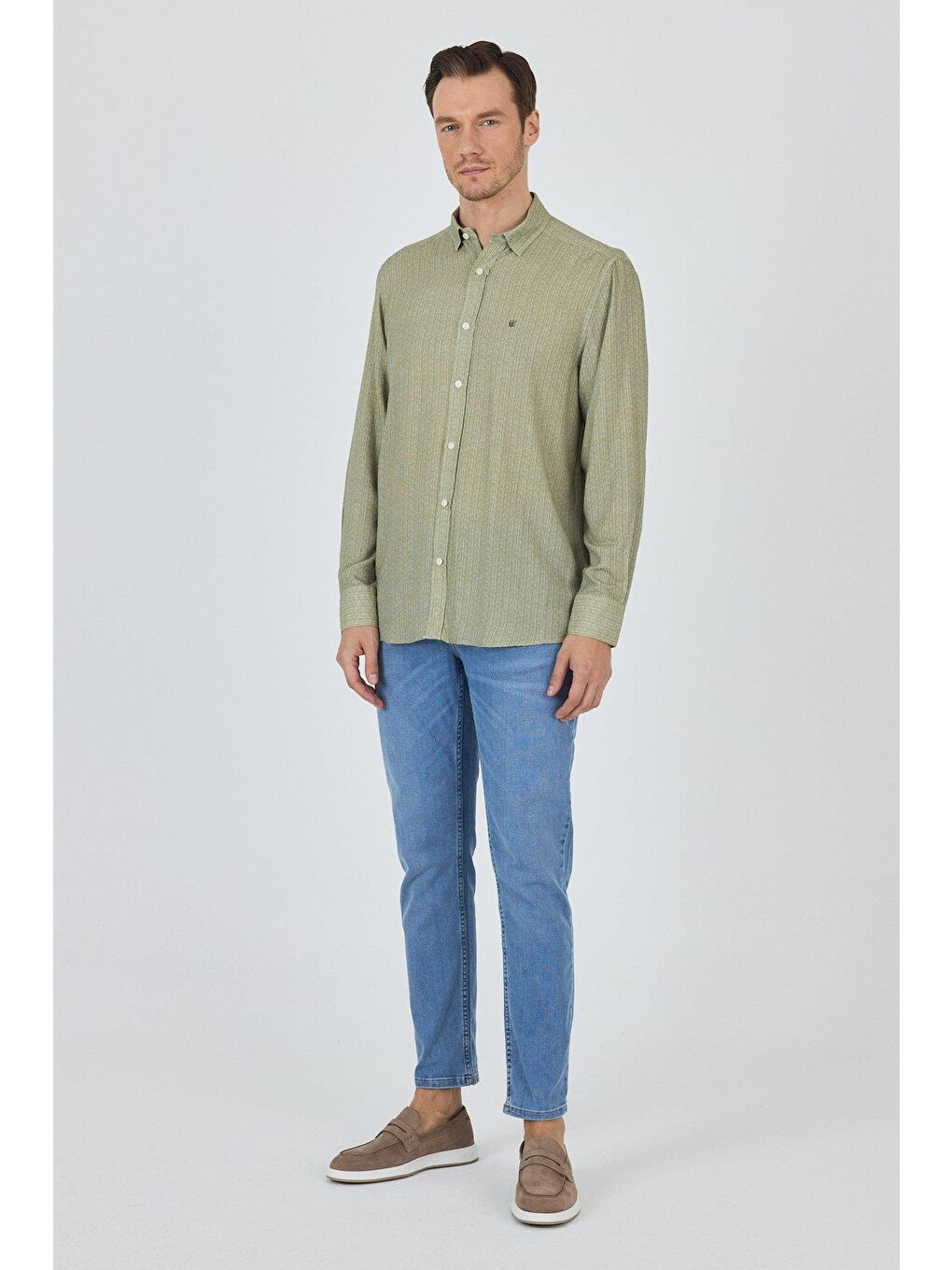 Koyu Haki Uzun Kol Baskılı Cepsiz Keten Casual Comfort Fit Büyük Beden Gömlek 1004250112-1