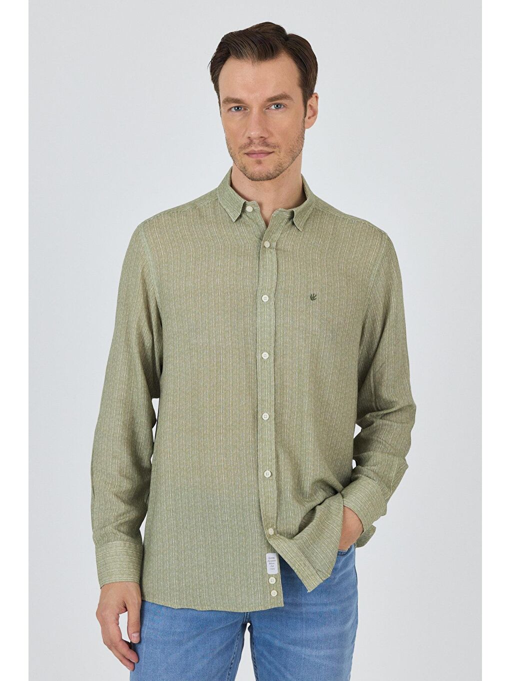 Koyu Haki Uzun Kol Baskılı Cepsiz Keten Casual Comfort Fit Büyük Beden Gömlek 1004250112-2