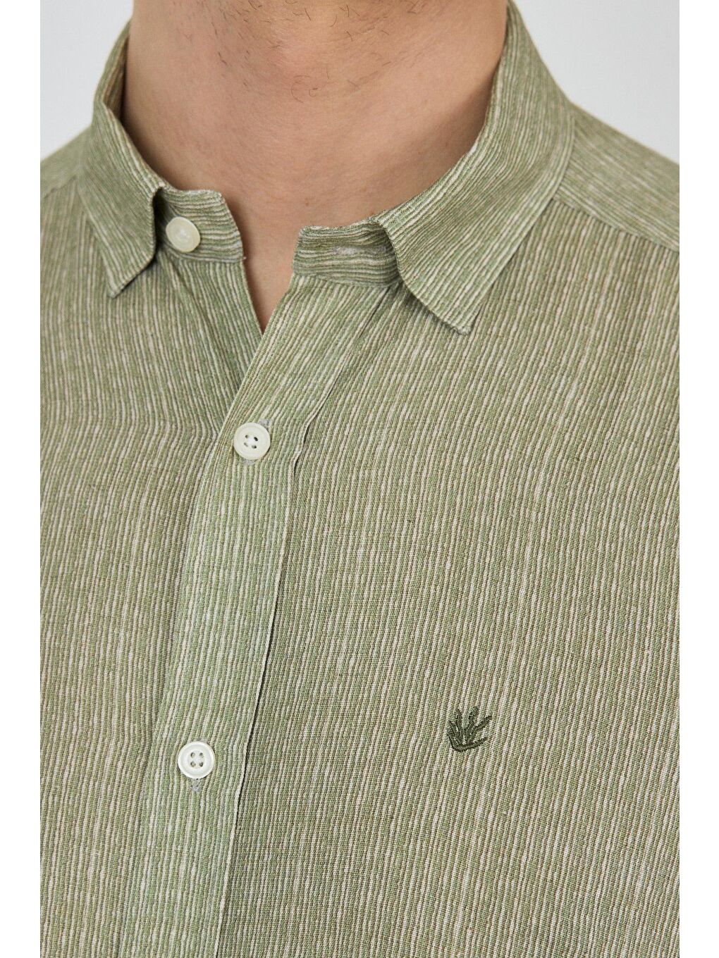 Koyu Haki Uzun Kol Baskılı Cepsiz Keten Casual Comfort Fit Büyük Beden Gömlek 1004250112-3