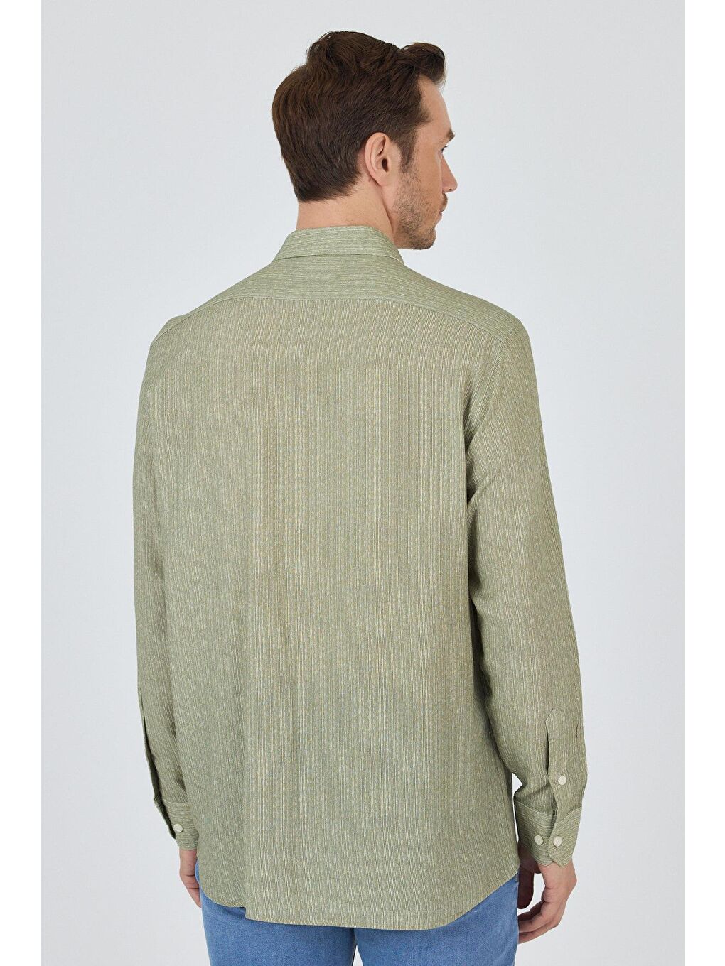 Koyu Haki Uzun Kol Baskılı Cepsiz Keten Casual Comfort Fit Büyük Beden Gömlek 1004250112-4