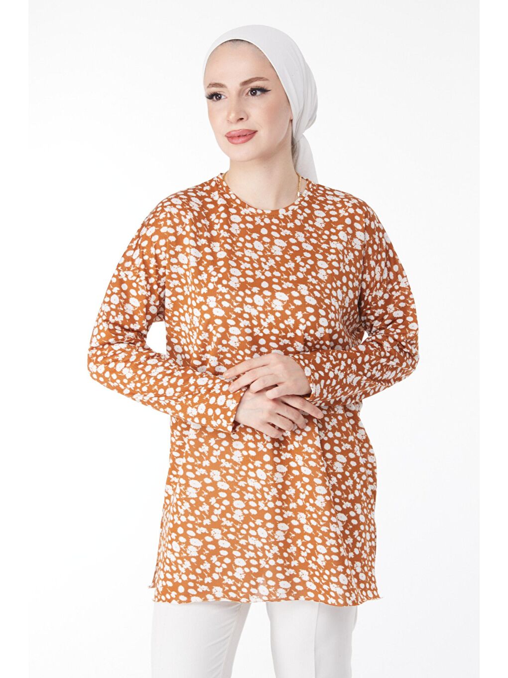 Bej Bisiklet Yaka Kadın Vizon Desenli Bluz - 24746-1