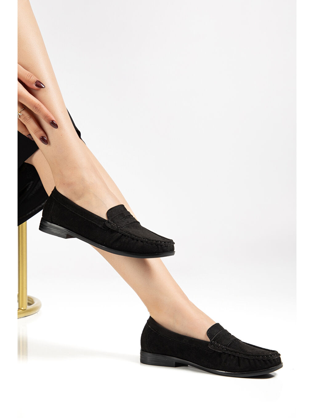 Kadın Siyah Süet Termo Kaymaz Taban Loafer Oxford Kadın Ayakkabı-1