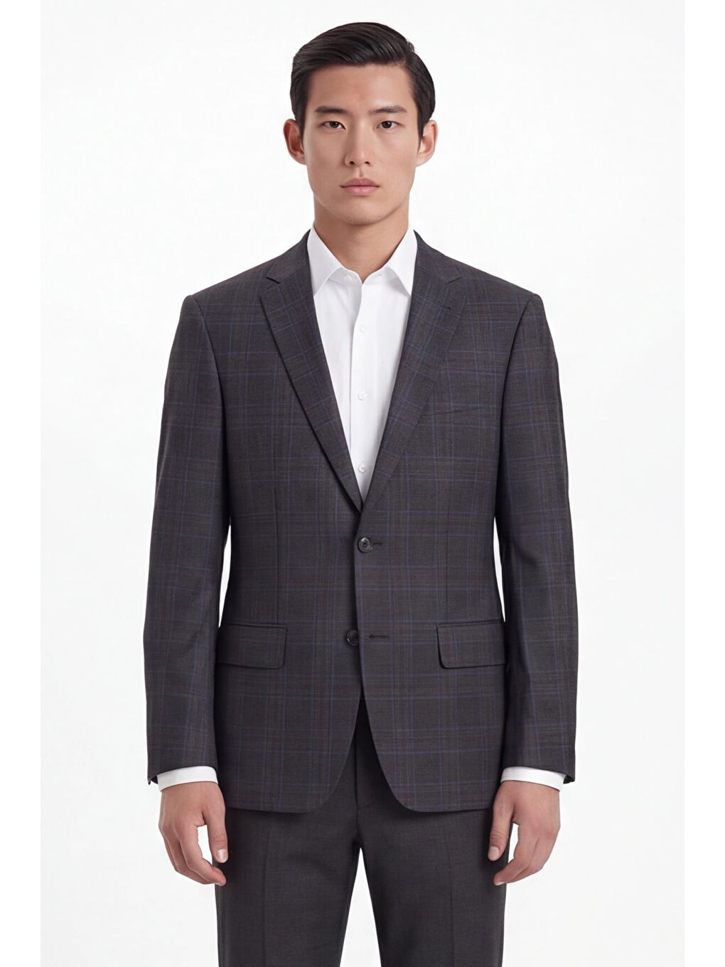 Erkek Koyu Gri Dar Kesim Slim Fit %100 Yün Ekose Dokuma Normal Bel 6 Drop Takım Elbise-1