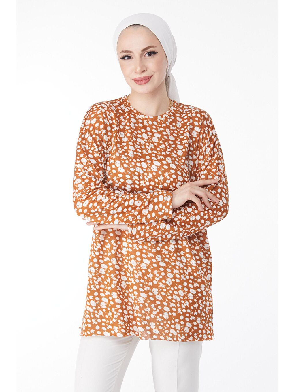 Bej Bisiklet Yaka Kadın Vizon Desenli Bluz - 24746-2