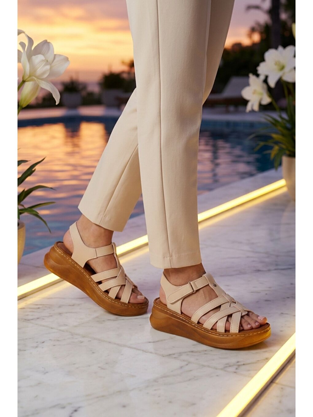 Bej Yumuşak Tabanlı Kadın Topuklu Sandalet 492113 Z-2