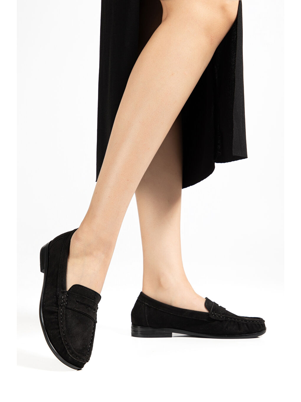 Kadın Siyah Süet Termo Kaymaz Taban Loafer Oxford Kadın Ayakkabı-3