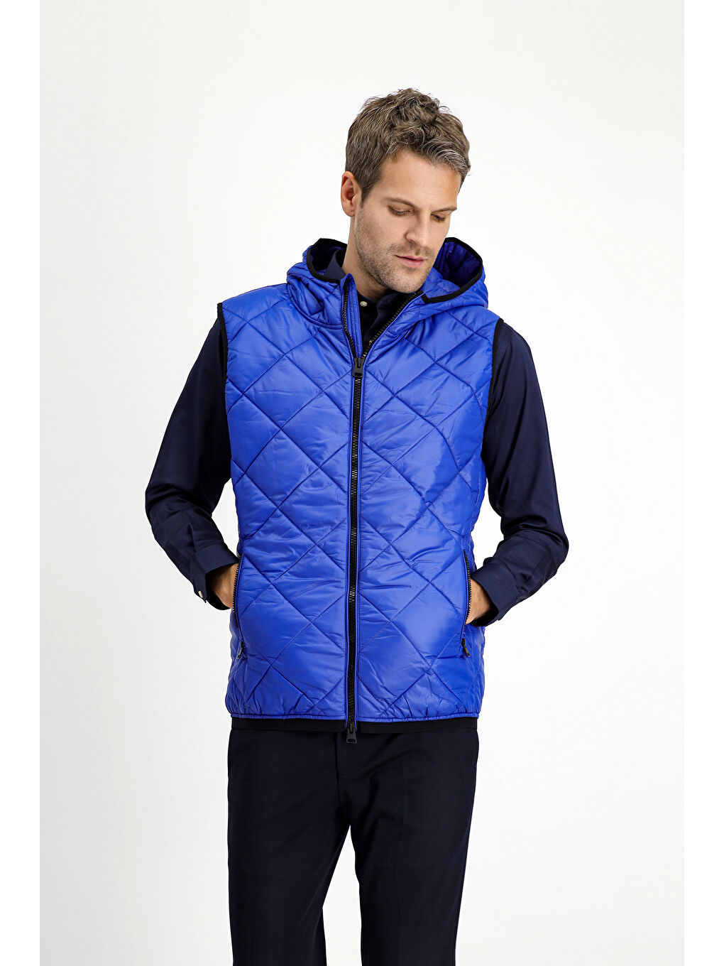 Mavi Kapüşonlu Kapitone Spor Yelek-2