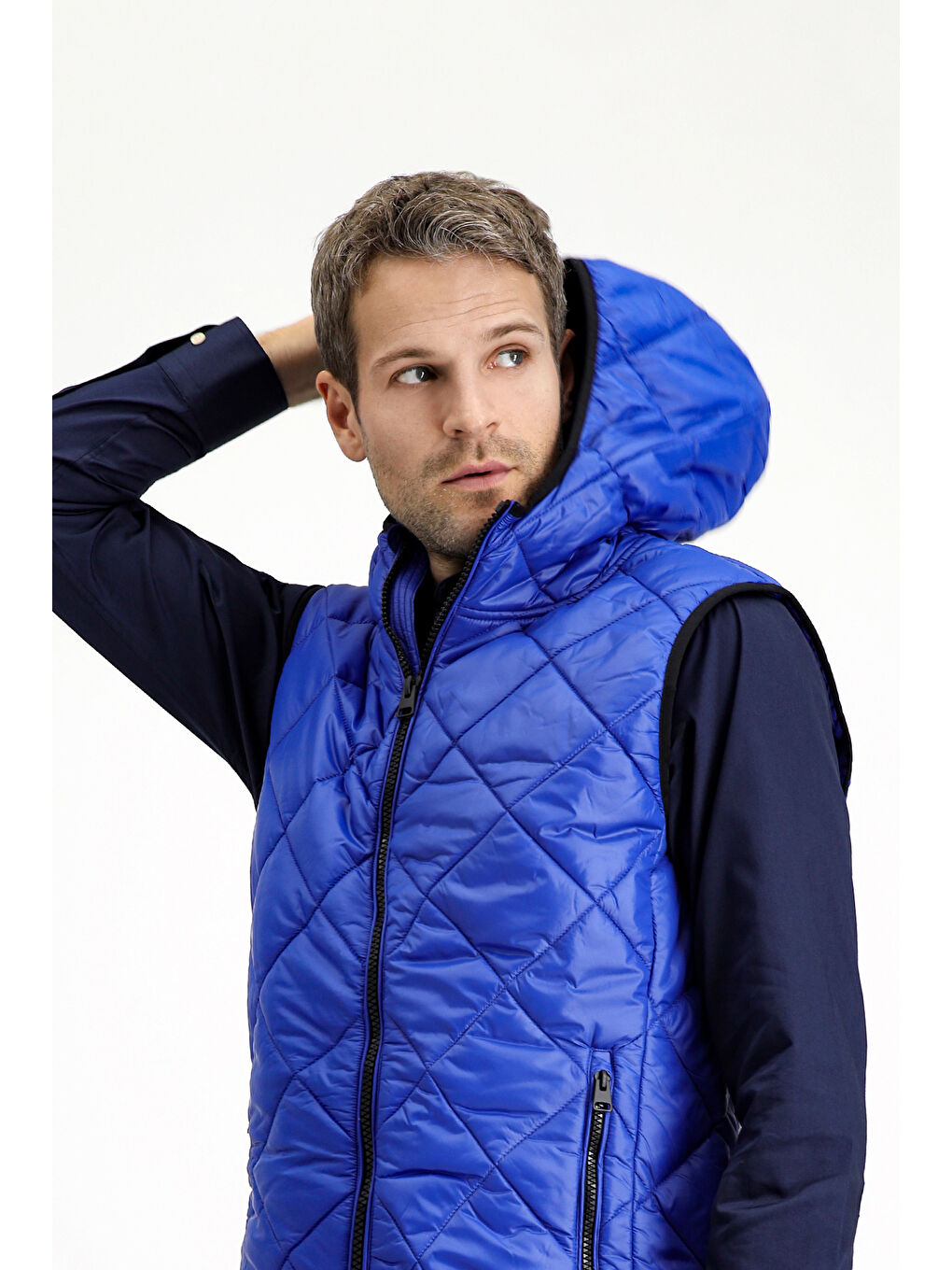 Mavi Kapüşonlu Kapitone Spor Yelek-3