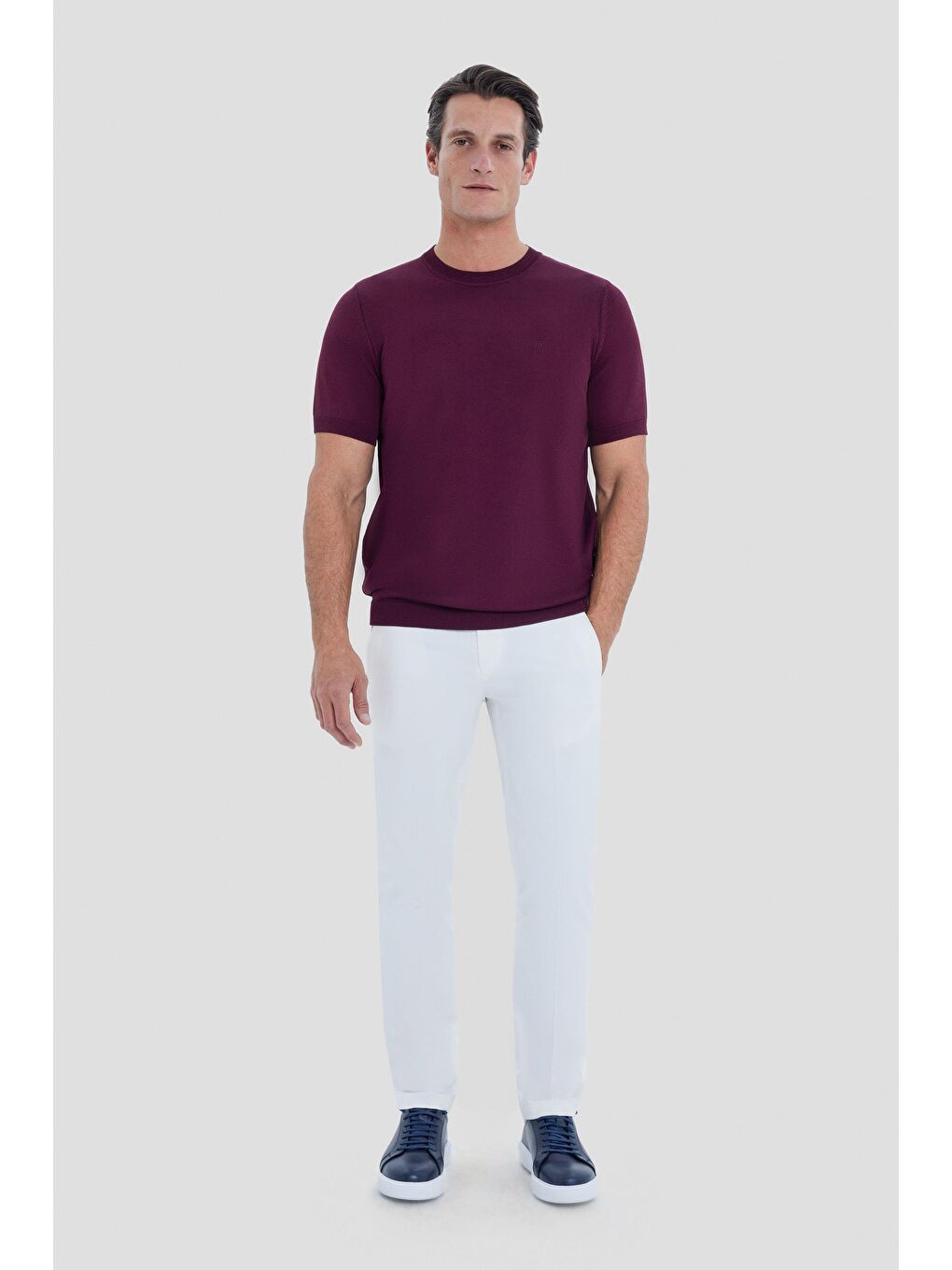 Bordo Slim Fit Triko Bisiklet Yaka Tişört-1