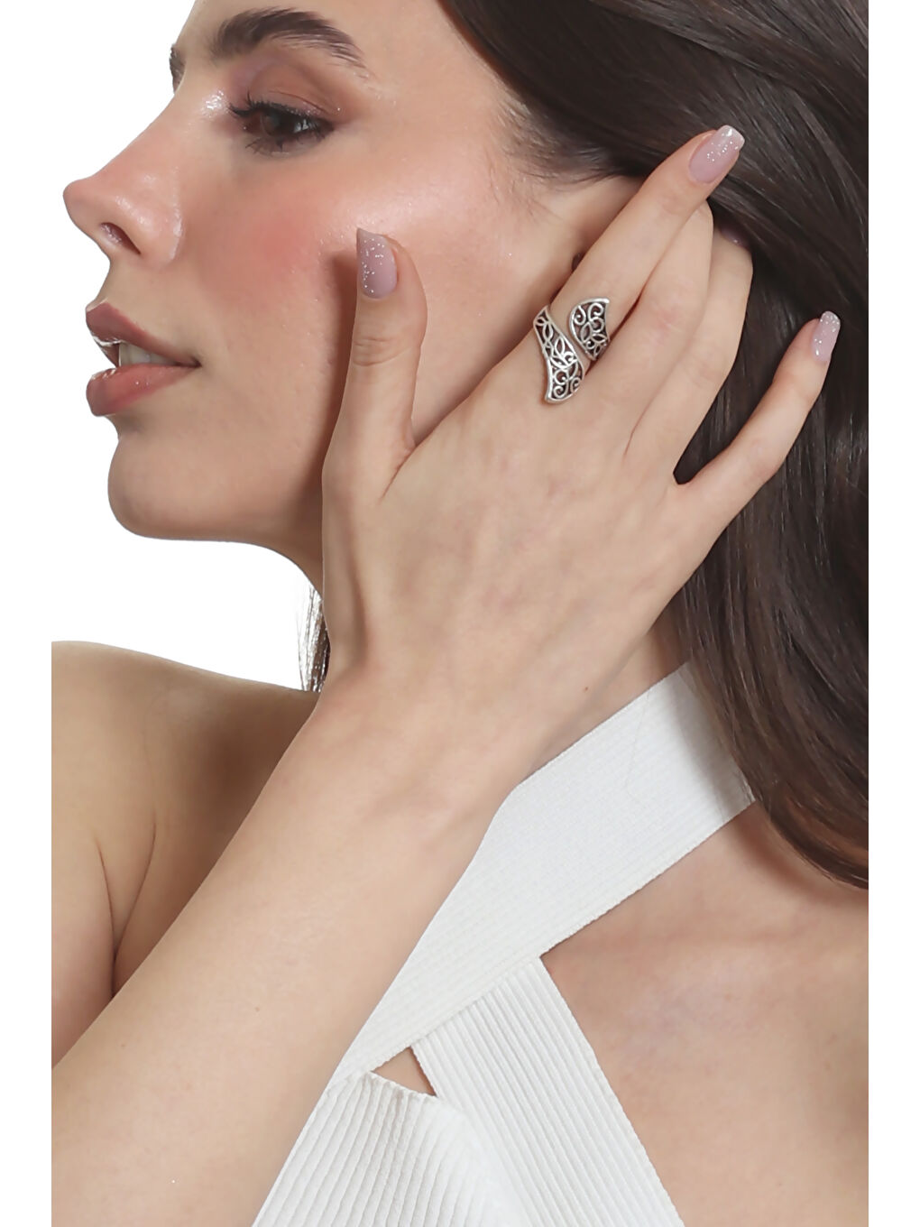 Gri Kadın Antik Gümüş Kaplama Dolama Formlu Ayarlanabilir Yaprak Yüzük-3