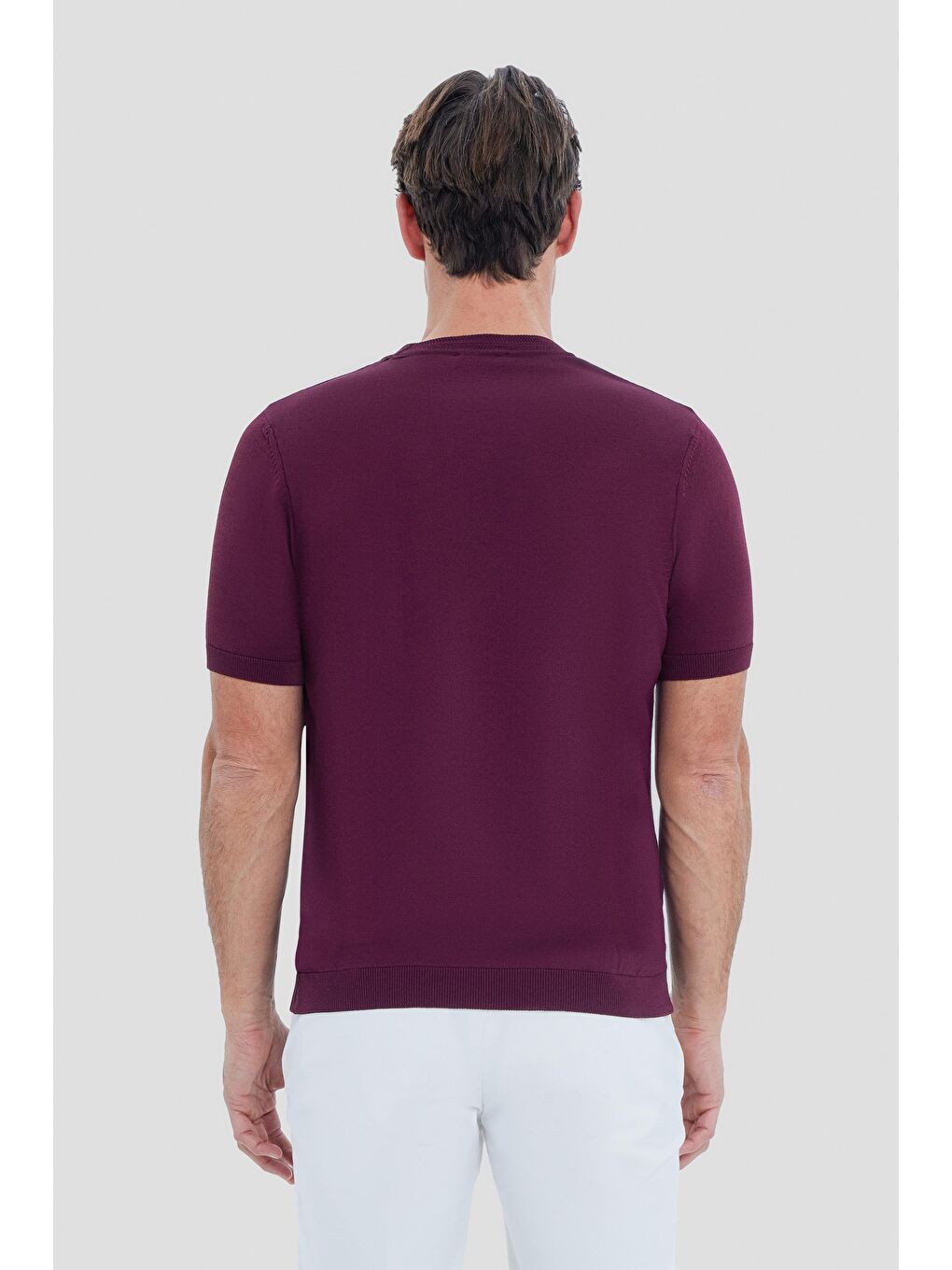 Bordo Slim Fit Triko Bisiklet Yaka Tişört-2
