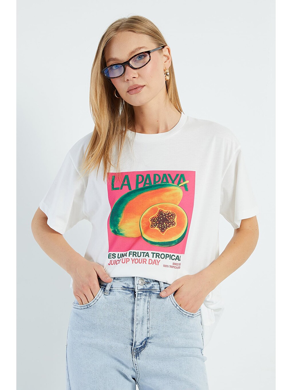 Beyaz Papaya Baskılı Bisiklet Yaka Salaş Tişört-2