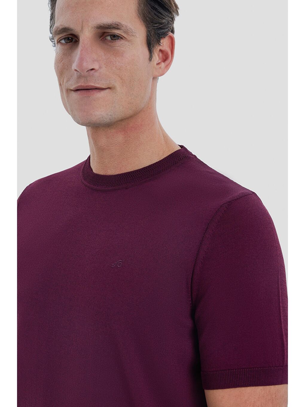 Bordo Slim Fit Triko Bisiklet Yaka Tişört-3