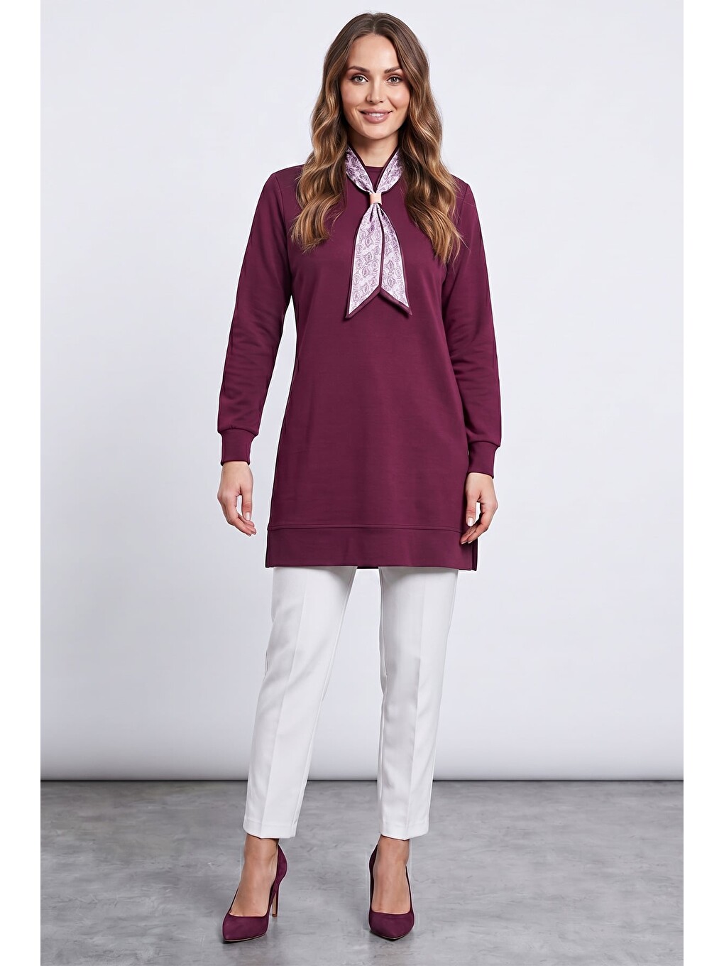 Mürdüm Fullamodest Fular Detaylı Bisiklet Yaka Tunik