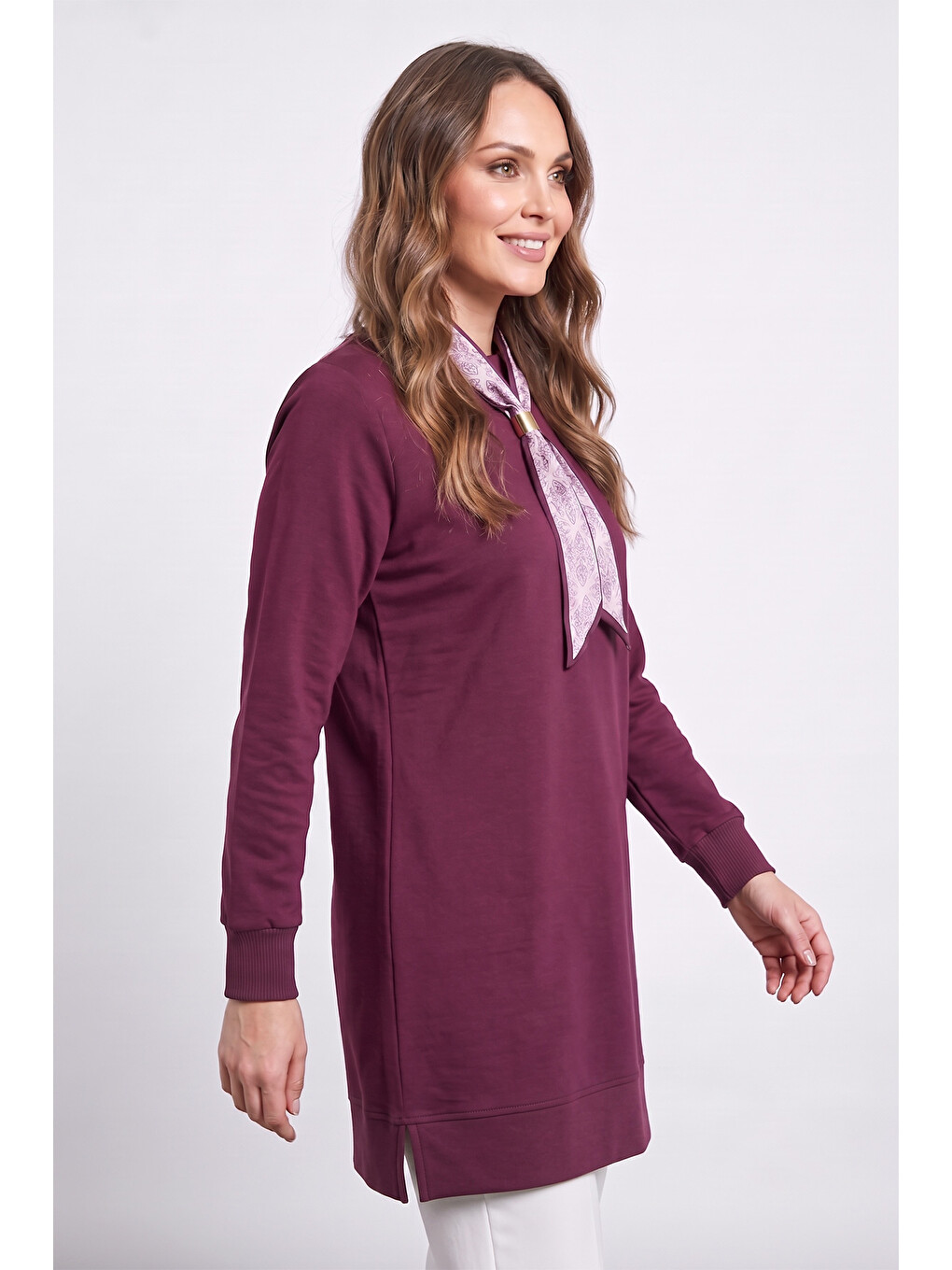 Mürdüm Fullamodest Fular Detaylı Bisiklet Yaka Tunik-1