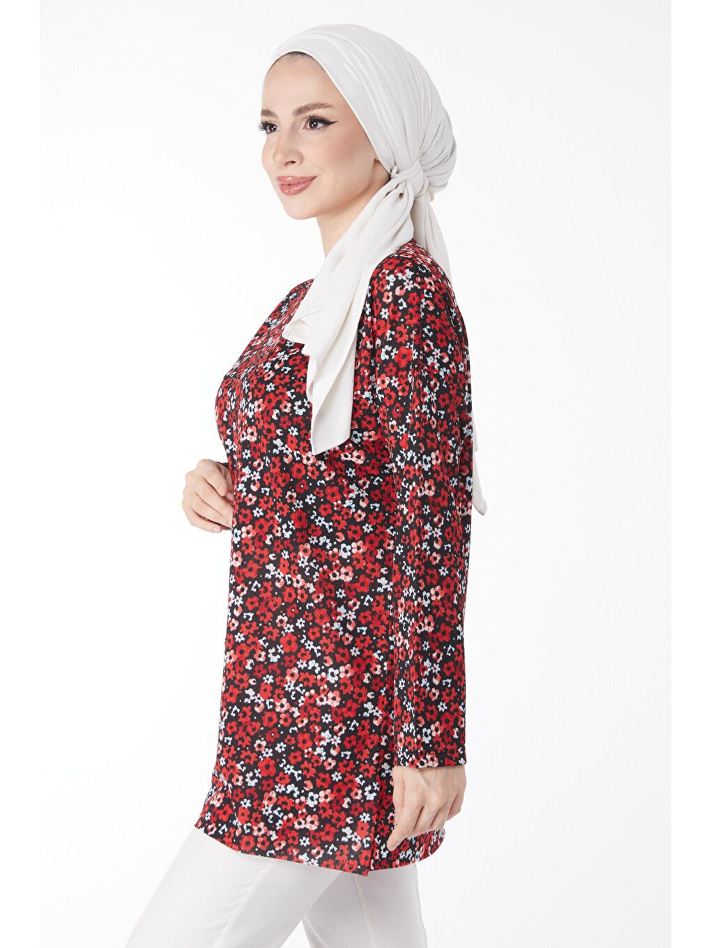 Bisiklet Yaka Kadın Kırmızı Mini Çiçek Desenli Bluz - 24734-3