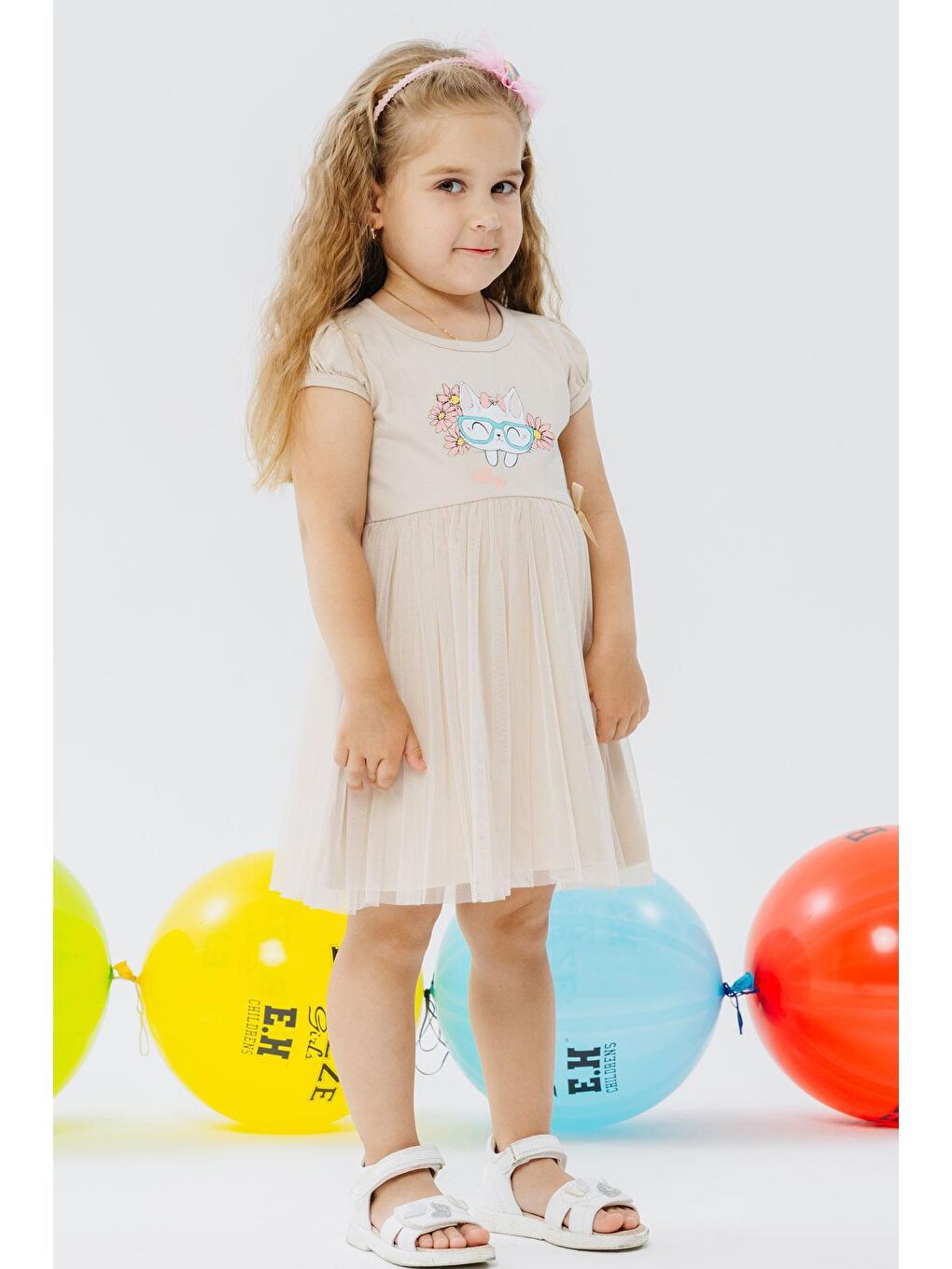 Kız Çocuk Elbise Gözlüklü Sevimli Kedicik Baskılı Bej (3 Yaş)-1