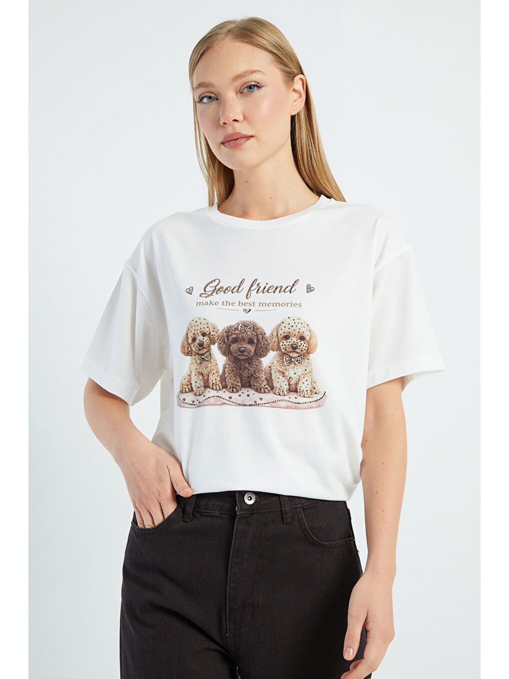 Ekru Taşlı Köpek Baskılı Salaş Tişört-4