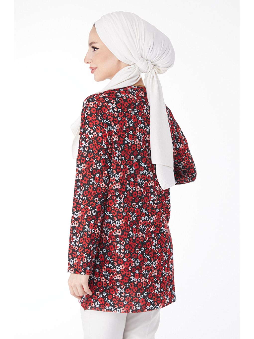 Bisiklet Yaka Kadın Kırmızı Mini Çiçek Desenli Bluz - 24734-4