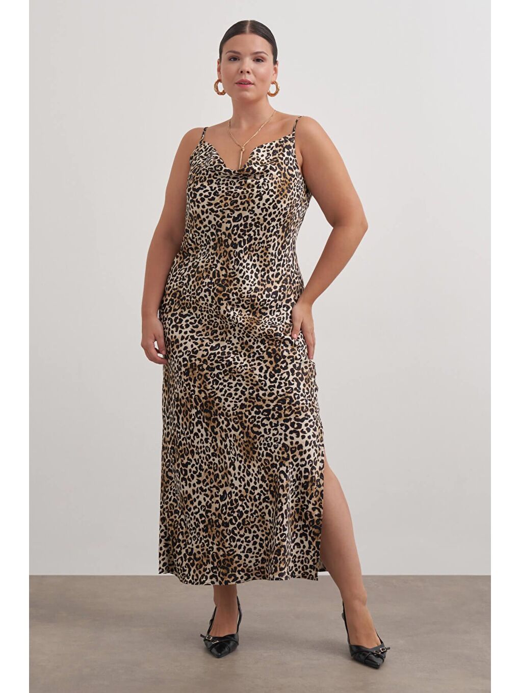 Kahverengi Degaje Yaka Leopar Elbise