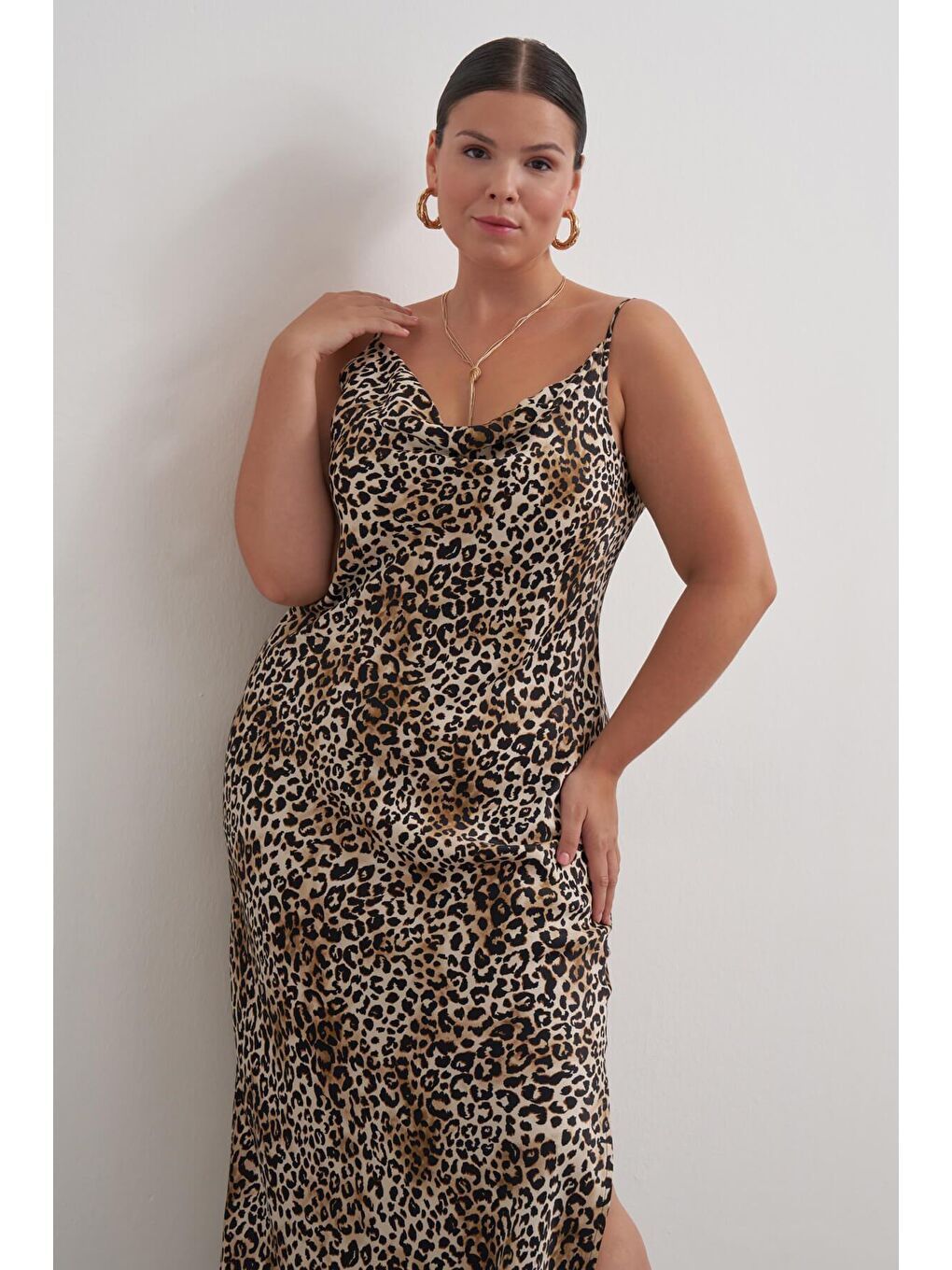 Kahverengi Degaje Yaka Leopar Elbise-2