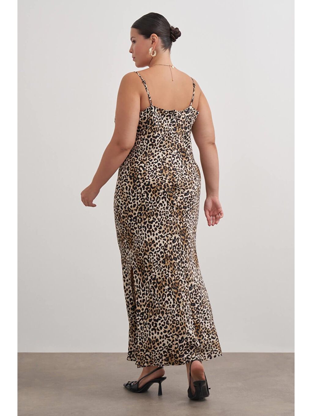 Kahverengi Degaje Yaka Leopar Elbise-5