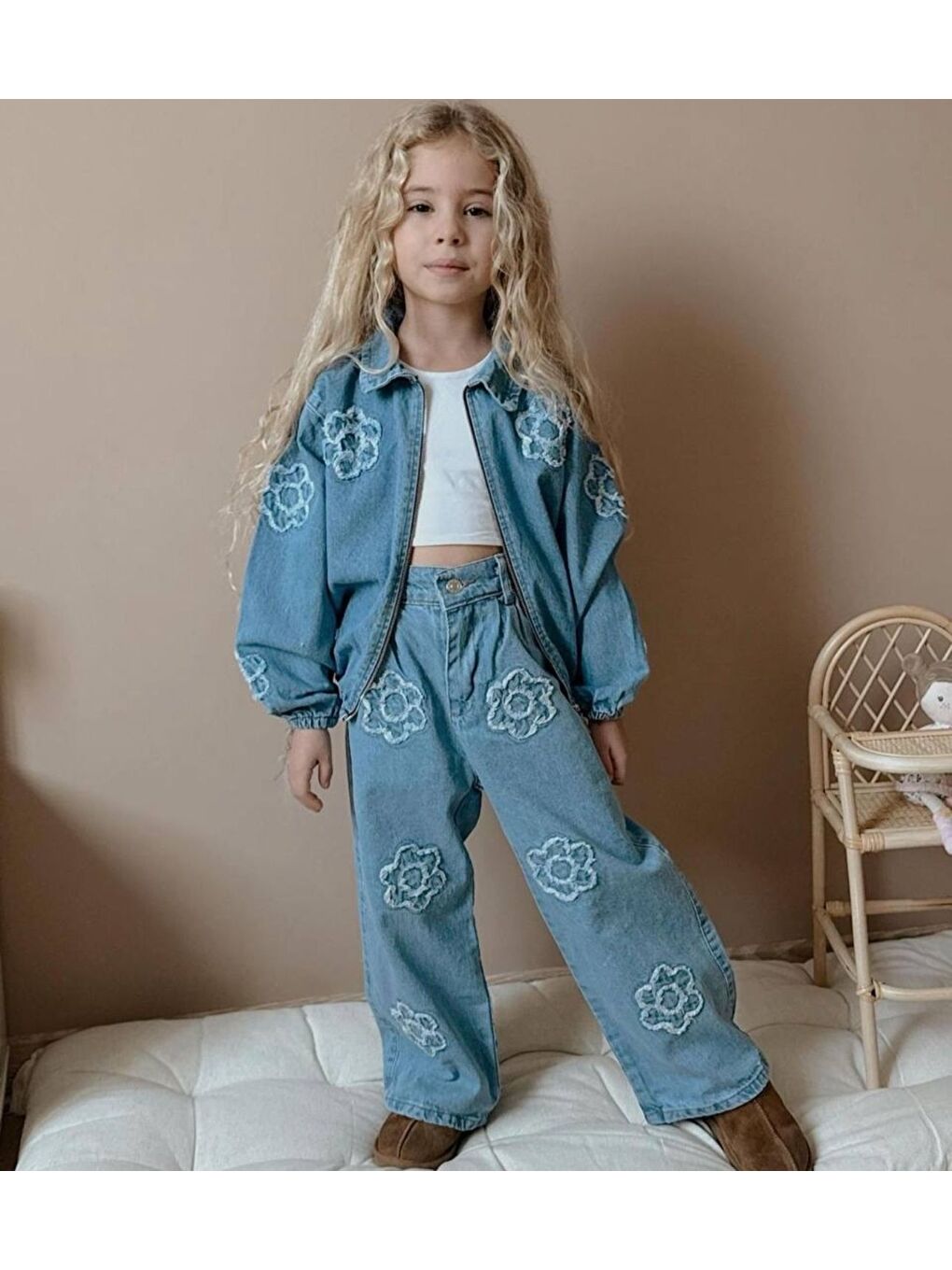Kız Çocuk Jean İkili Takım Ceket Pantolon Açık Mavi-1