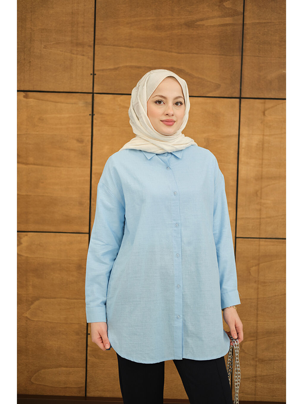 Kadın Şeffaf Düğme Detaylı Basic Gömlek Bebe Mavi-3