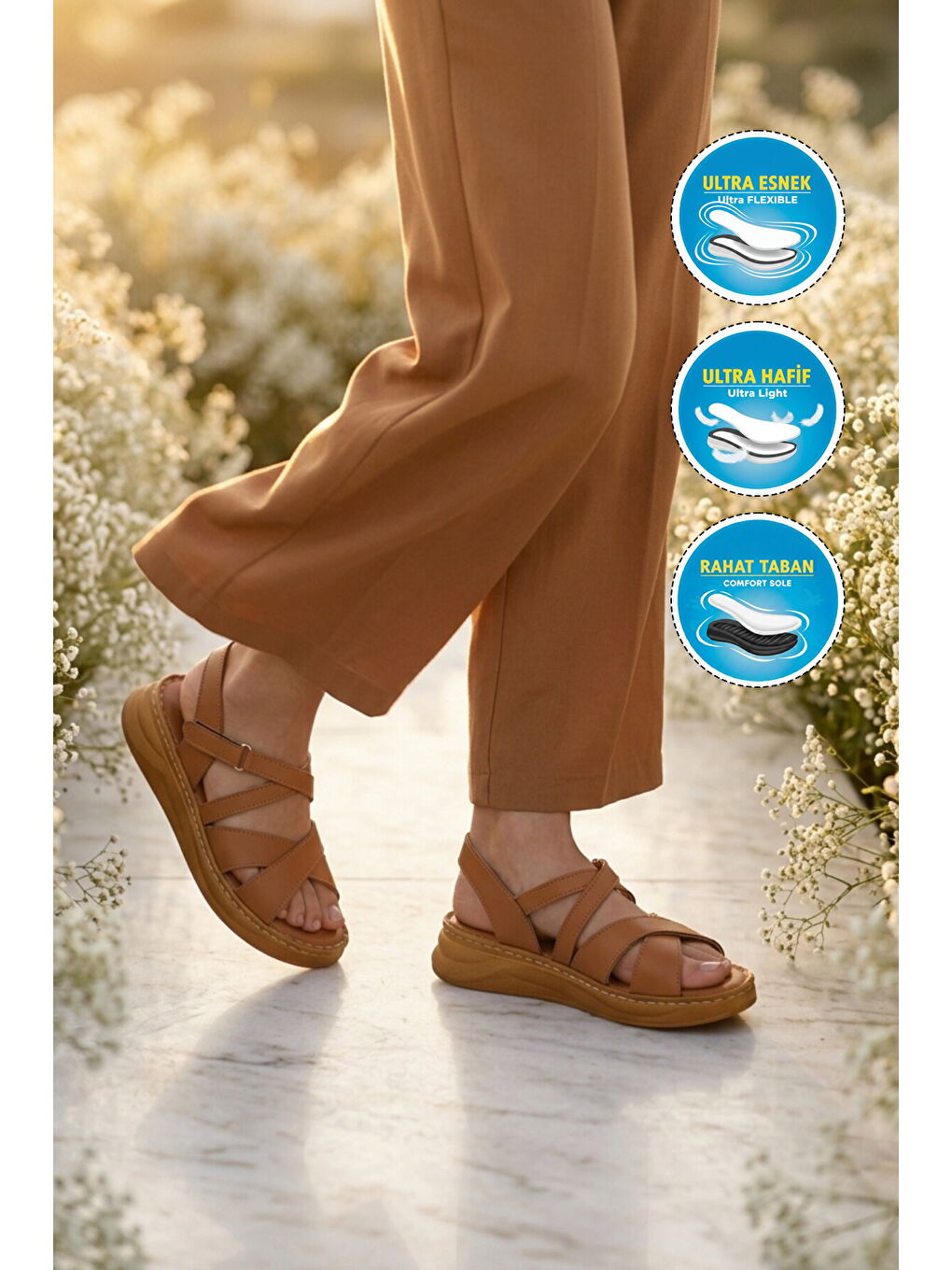 Kahverengi Taba Hafif Yumuşak Tabanlı Cırtlı Kadın Sandalet 492142 Z-2