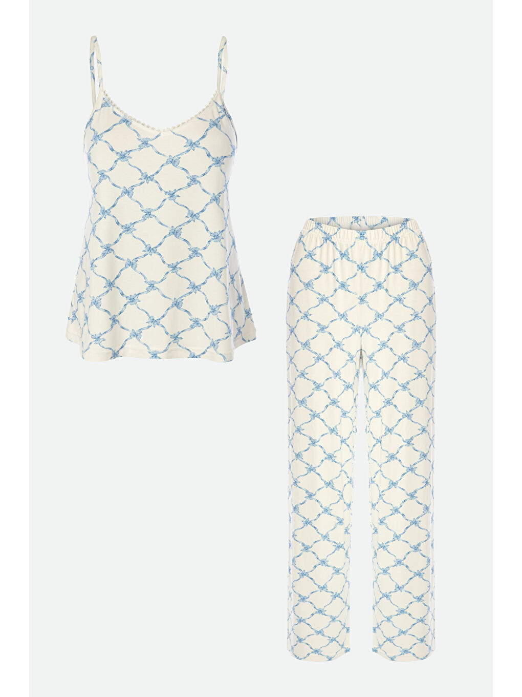 Mavi Kadın Askılı Yumuşak Dokulu Desenli Pijama Takımı