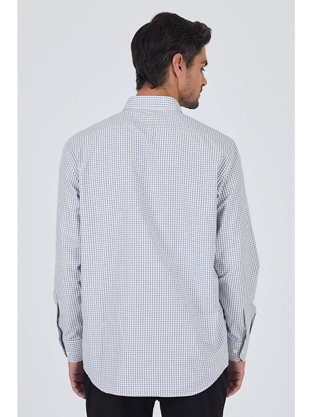 Lacivert Uzun Kol Kareli Desen Bez Ayağı Düğmeli Yaka Cepli Pamuklu Classic Comfort Fit Gömlek 1004250197-4