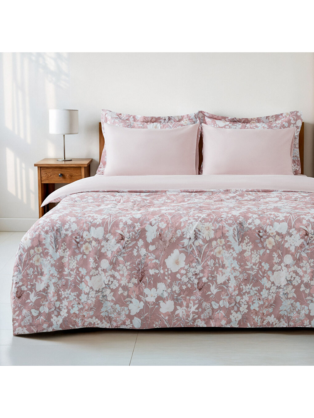 Pembe Rosalya Çift Kişilik Nevresim Takımı %100 Pamuk 210 TC 83 Tel Saten Digital Baskılı Pudra