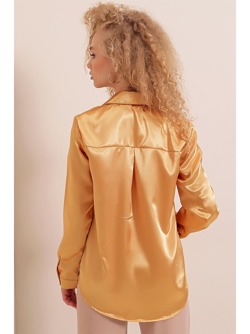 Sarı 3964 Hafif Dökümlü Saten Gömlek - Altın-5