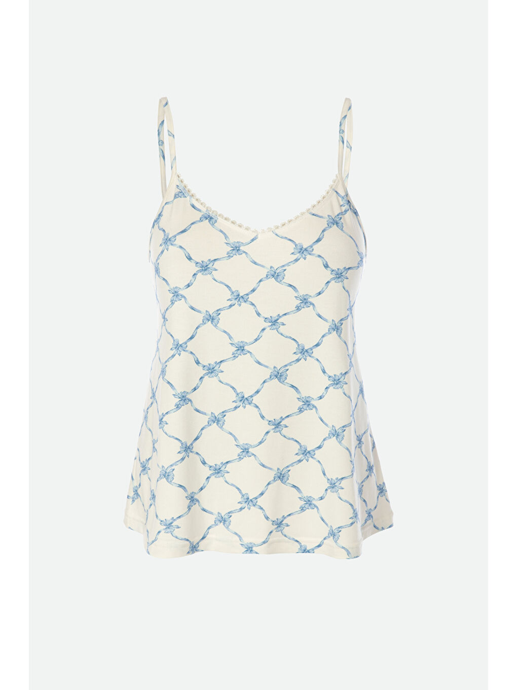 Mavi Kadın Askılı Yumuşak Dokulu Desenli Pijama Takımı-1