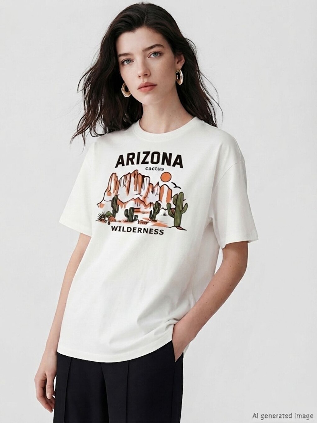 Kadın Beyaz Arizonawilderness Baskılı Bol Kalıp Pamuklu Tişört