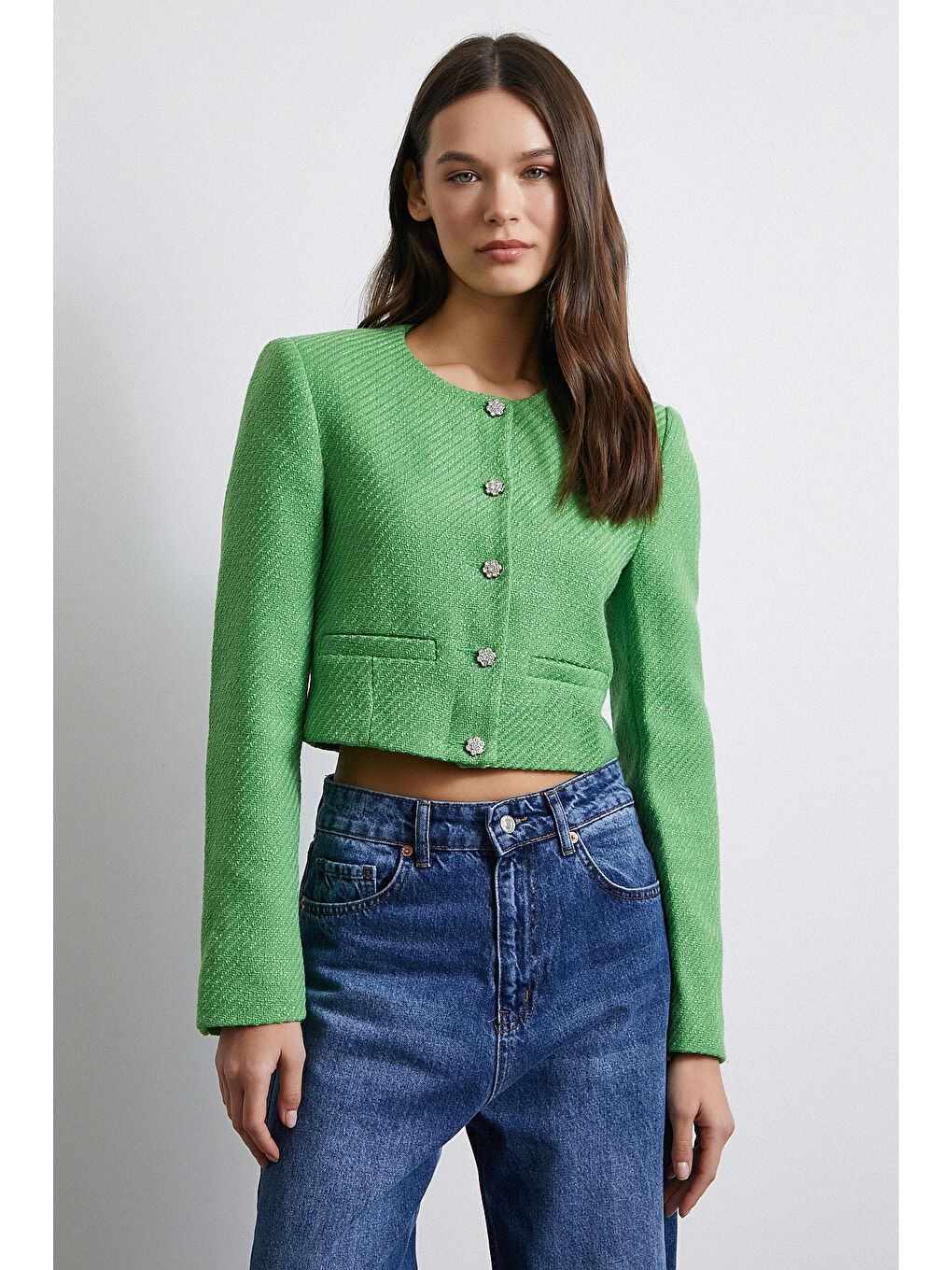 Cep Detaylı Düğmeli Tüvit Ceket Fıstık Yeşili