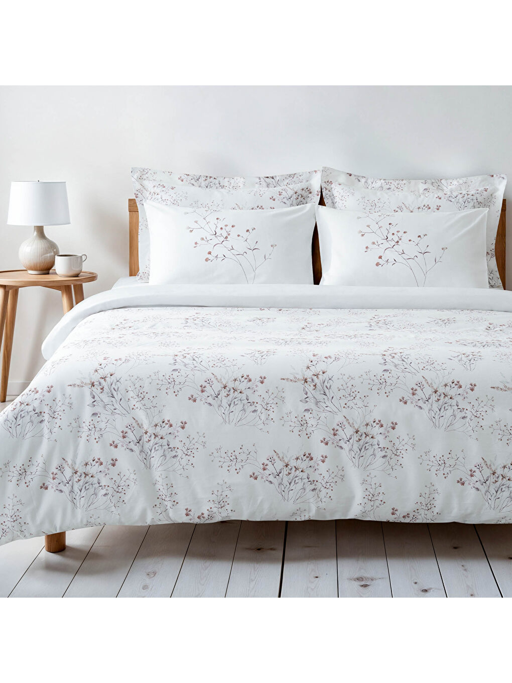 Ekru Lavena Çift Kişilik Nevresim Takımı %100 Pamuk 210 TC 83 Tel Saten Digital Baskılı Krem-Kahve