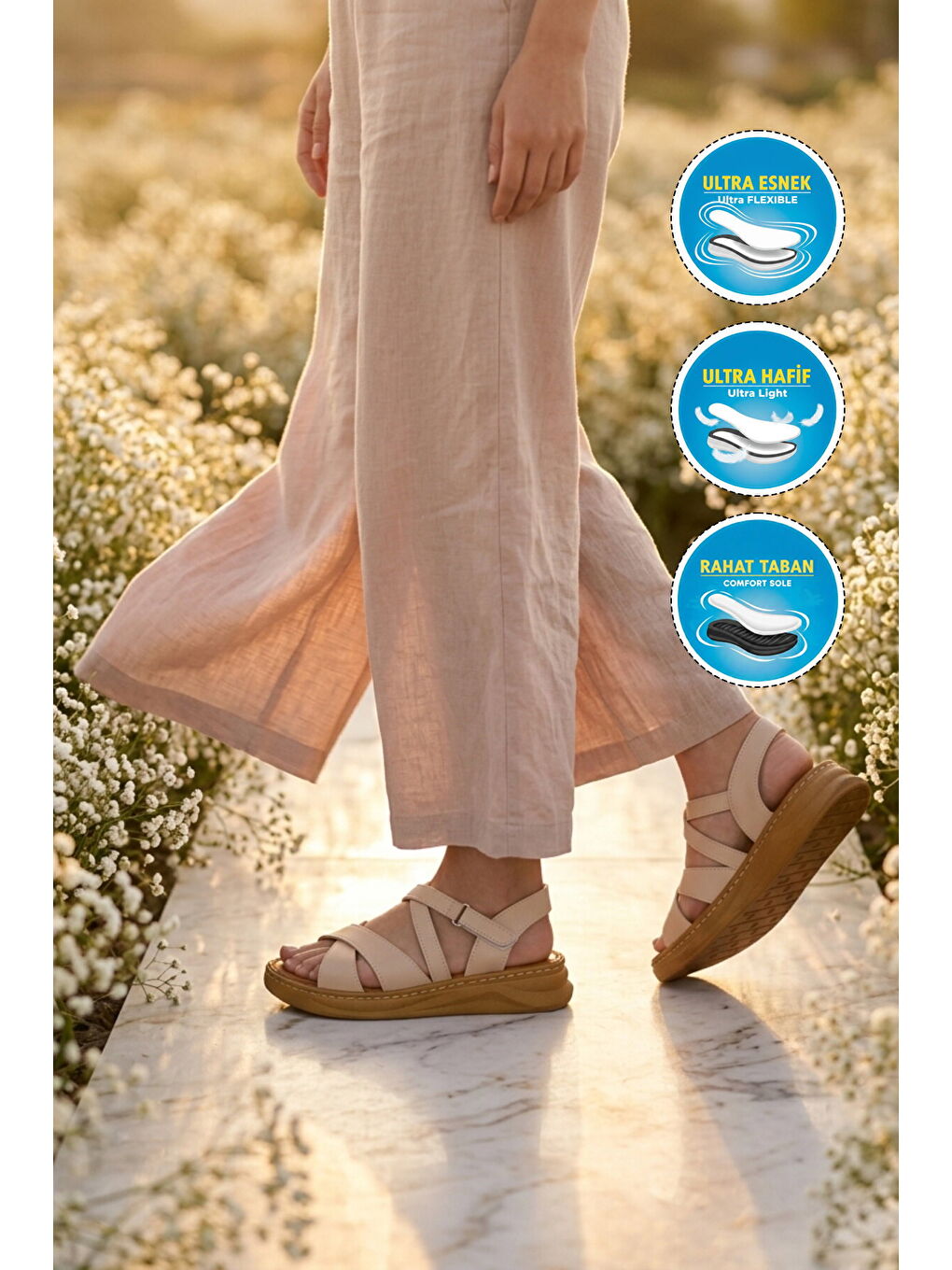 Bej Hafif Yumuşak Tabanlı Cırtlı Kadın Sandalet 492142 Z-2