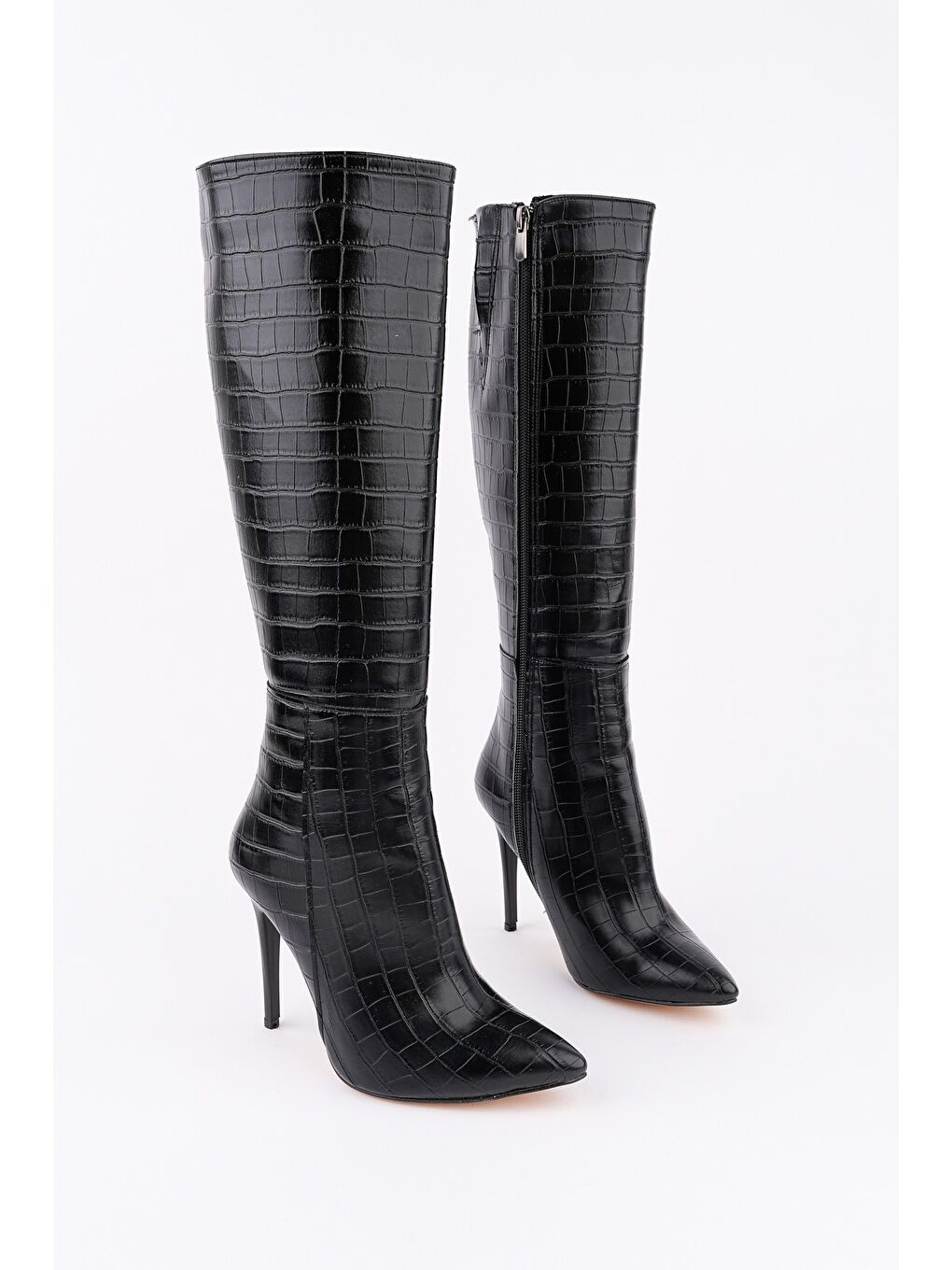 Siyah ZEST Kroko Desenli Sivri Burun Fermuarlı İnce Topuklu Kadın Çizme