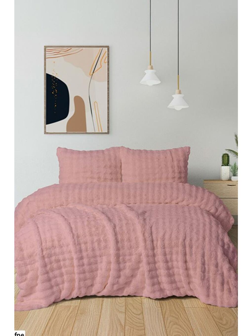 Pembe Merinos Diamond Buble Kürk Çift Kişilik Comforter Set Gül Kurusu